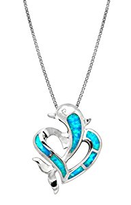Sterling Silver Dolphin Heart CZ Necklace Pendant Synthetic Blue Opal